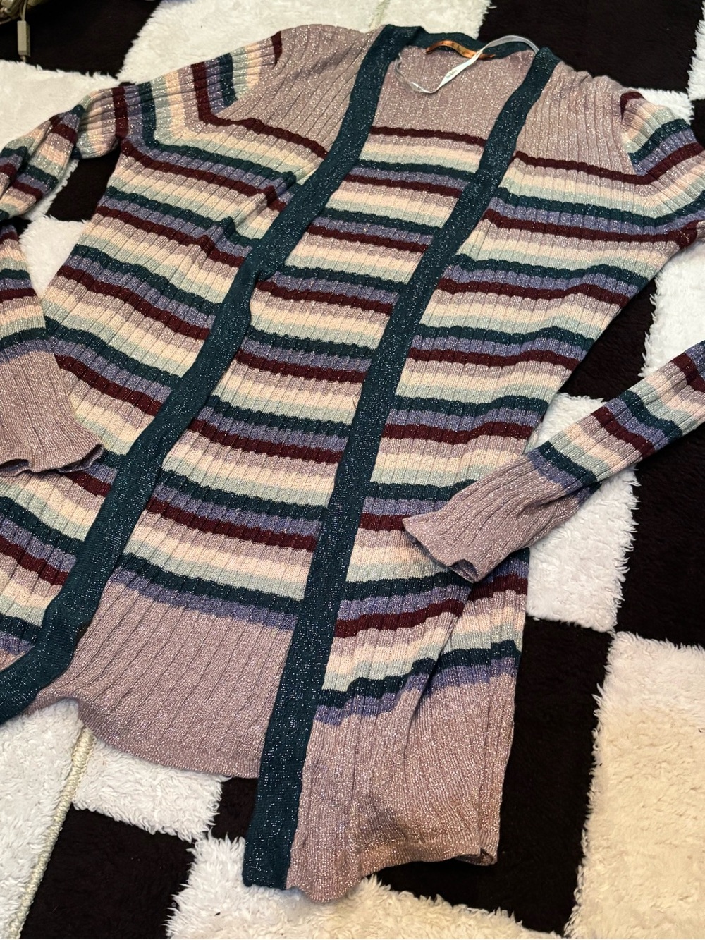 Belldini Striped Open-Front Cardigan in Mauve, Teal, Cream, Burgundy, Navy, Gray